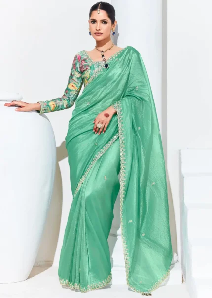 Sea Green Embroidered Organza Silk Saree