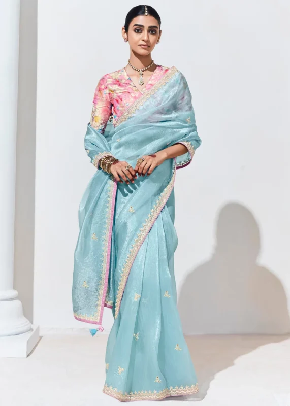 Sky Blue Embroidered Organza Silk Saree