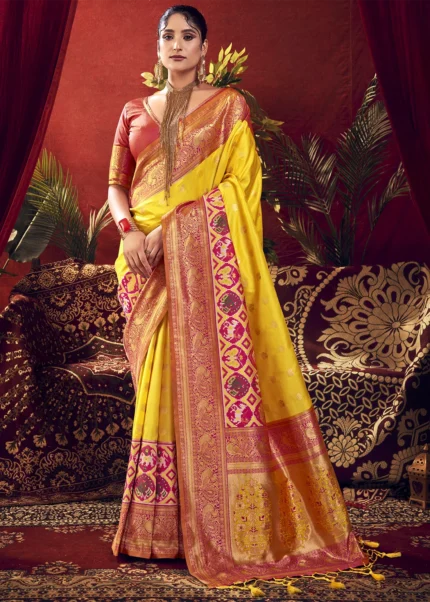 Sunny Yellow Paithani Silk Saree with Patola Border