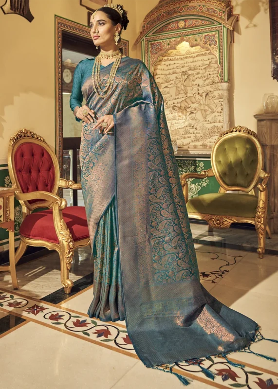 Teal Blue Kanjivaram Silk Saree