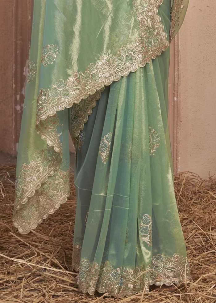 Teal Embroidered Net Saree with Stone Work