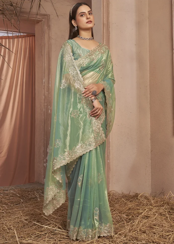 Teal Embroidered Net Saree with Stone Work