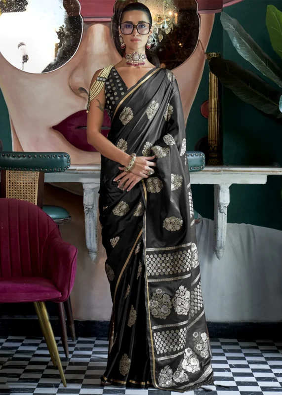 Black Banarasi Satin Saree with Brocade Blouse