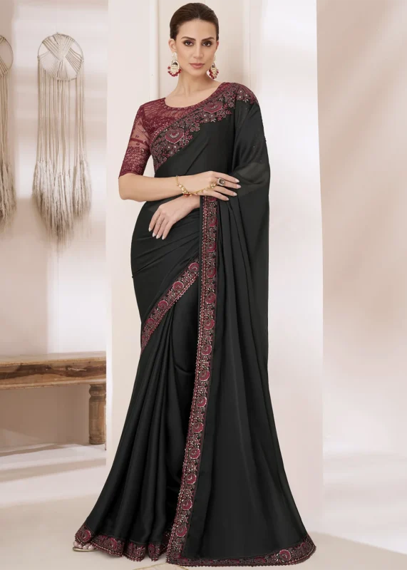 Black Embroidered Chiffon Saree with Maroon Blouse