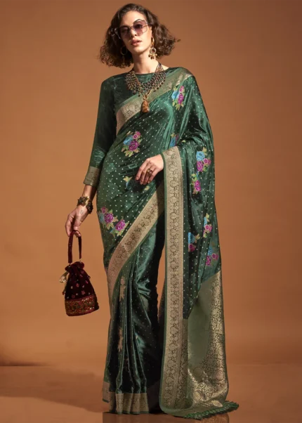 Bottle Green Handloom Banarasi Saree with Meenakari Work