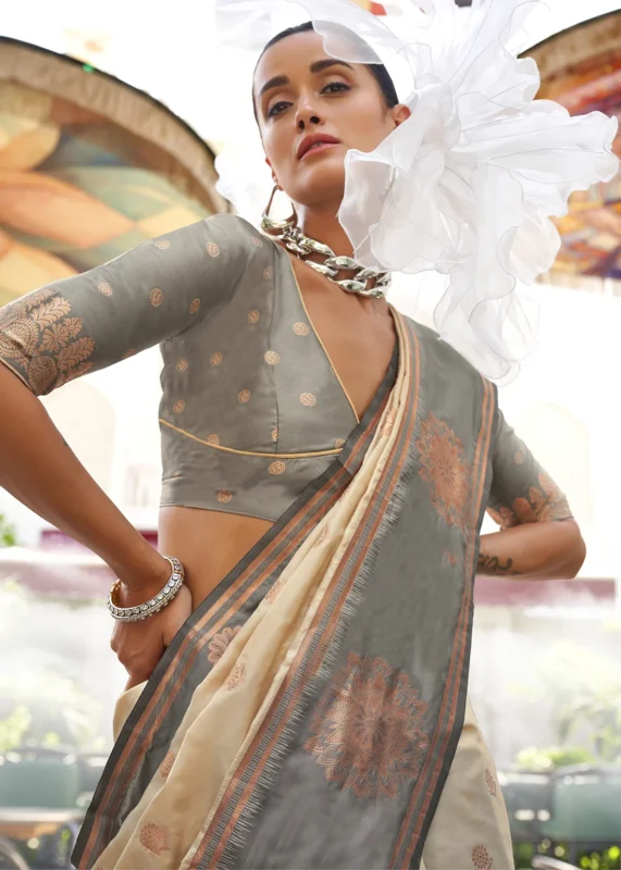 Cream Banarasi Silk Saree with Gray Blouse