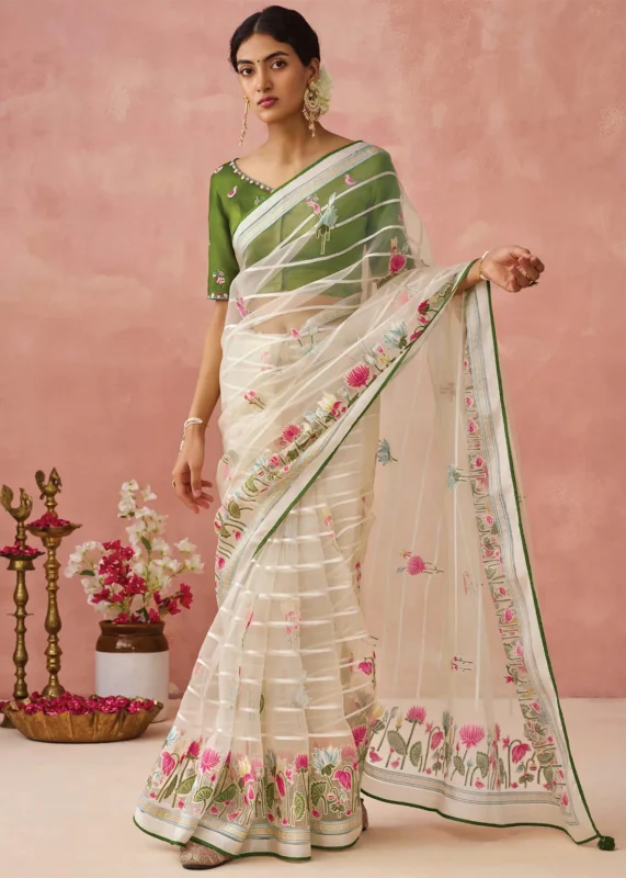 Cream Woven Organza Brasso Saree