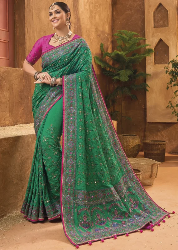 Dark Green Embroidered Saree with Kacchi Work