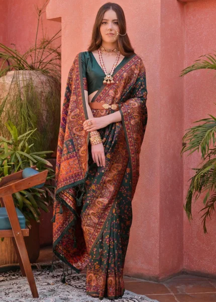 Dark Green Kashmiri Jamawar Pashmina Saree