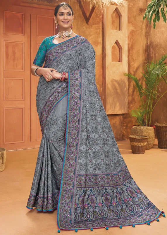 Gray Embroidered Silk Saree with Kacchi Work