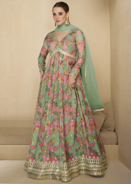 Green and Pink Georgette Anarkali Gown