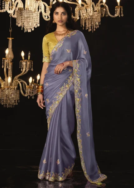 Lavender Embroidered Silk Saree with Yellow Blouse