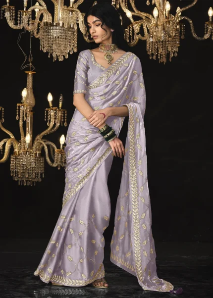 Lavender Embroidered Tissue Silk Saree