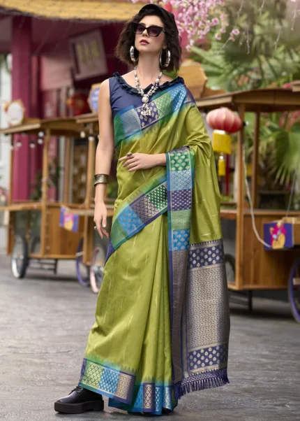 Lime Green Banarasi Silk Saree