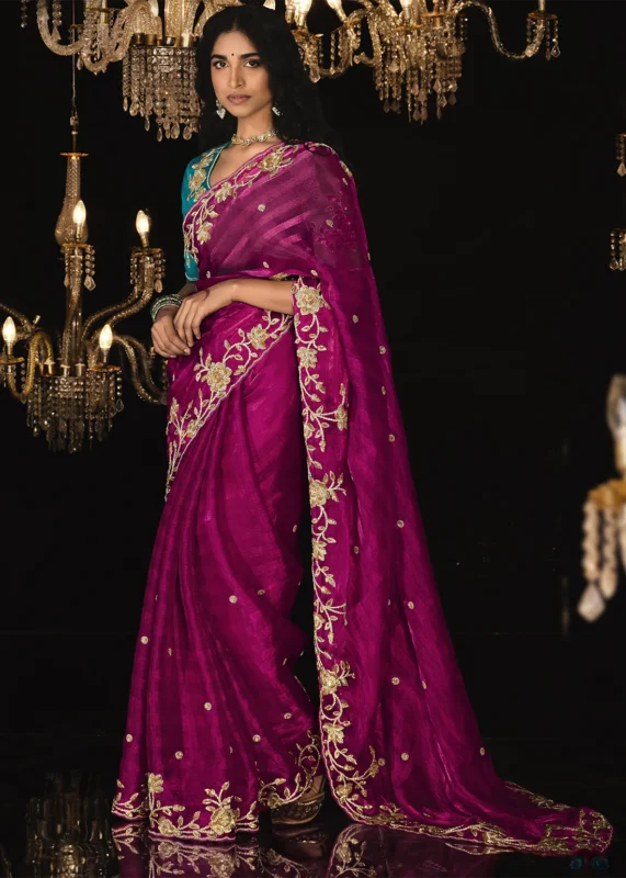 Magenta Embroidered Silk Saree