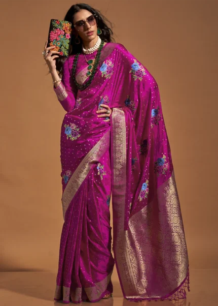 Magenta Handloom Banarasi Saree with Meenakari Work