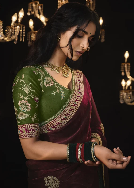 Maroon Embroidered Silk Saree with Embroidered Blouse