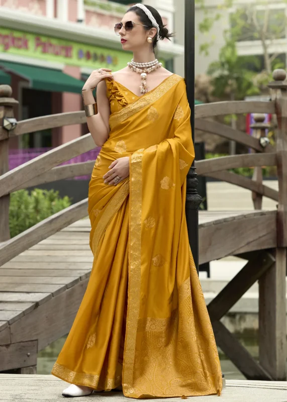 Mustard Yellow Banarasi Satin Silk Saree