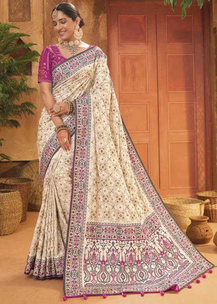 Off White Embroidered Saree with Kacchi Work