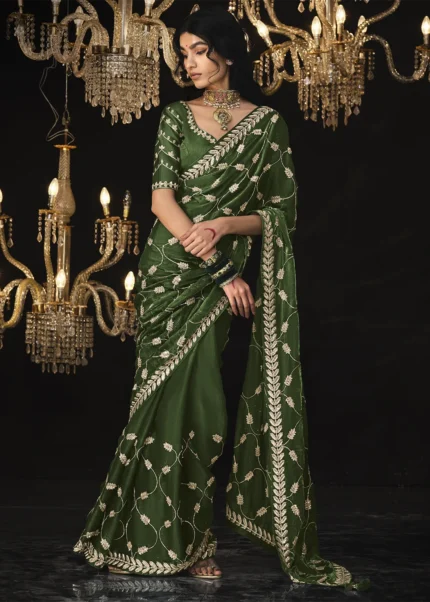 Olive Green Embroidered Tissue Silk Saree