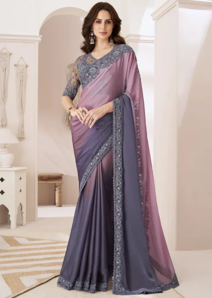 Ombré Pink Embroidered Chiffon Saree