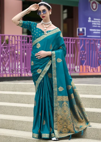 Peacock Blue Banarasi Satin Silk Saree