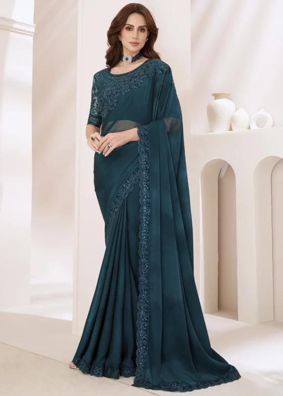 Peacock Blue Embroidered Chiffon Saree