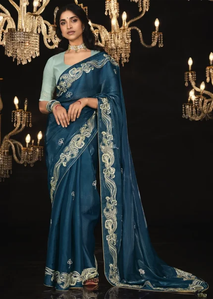 Peacock Blue Embroidered Silk Saree