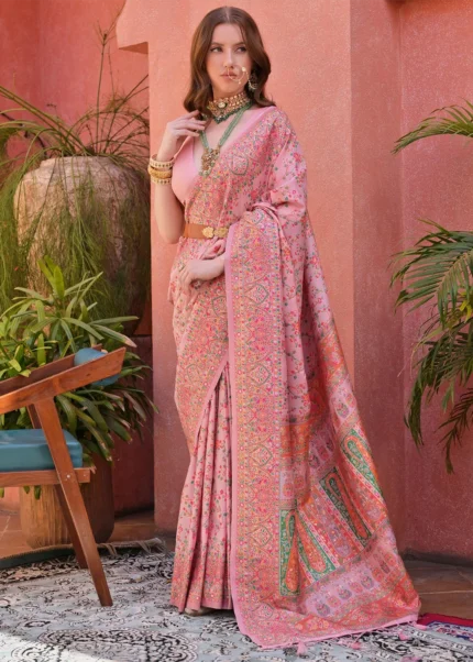 Pink Kashmiri Jamawar Pashmina Saree