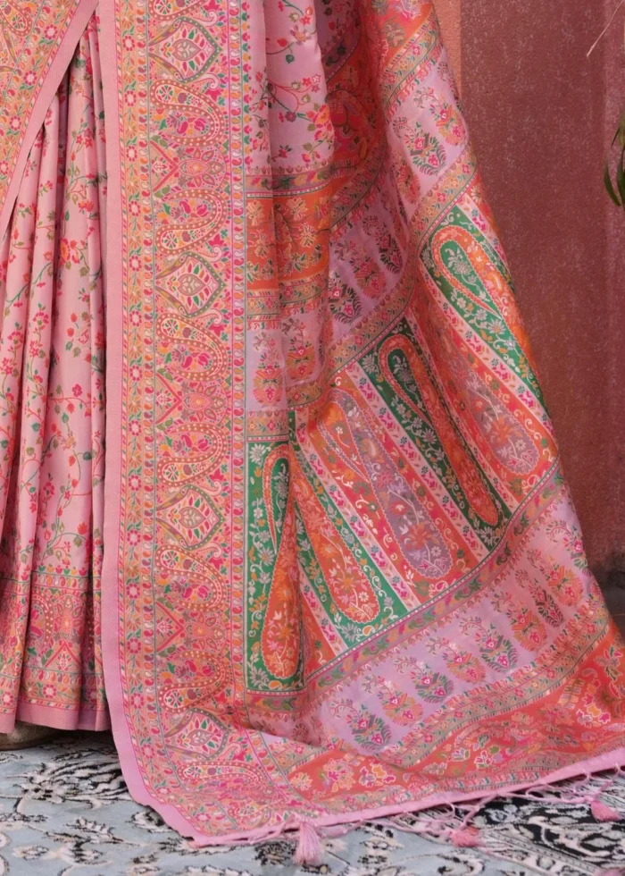 Pink Kashmiri Jamawar Pashmina Saree