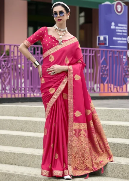 Raspberry Pink Banarasi Satin Silk Saree