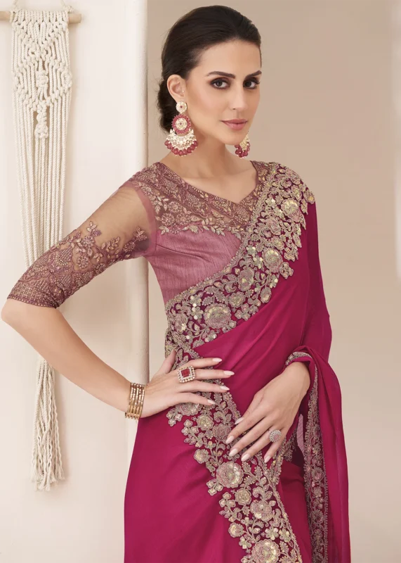 Raspberry Pink Embroidered Chiffon Saree