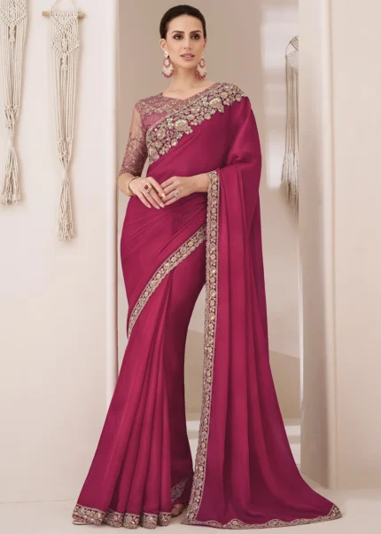 Raspberry Pink Embroidered Chiffon Saree