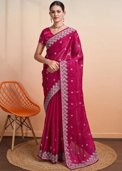 Raspberry Pink Embroidered Chiffon Saree with Stone Work