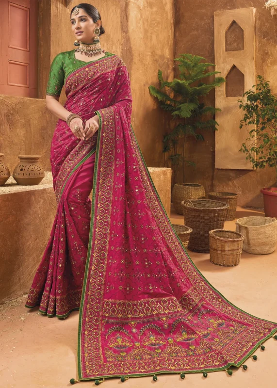 Raspberry Pink Embroidered Saree with Kacchi Work