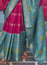 Raspberry Pink Printed Patola Saree with Blue Blouse