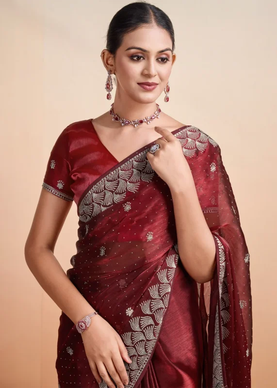 Ruby Red Embroidered Chiffon Saree with Stone Work