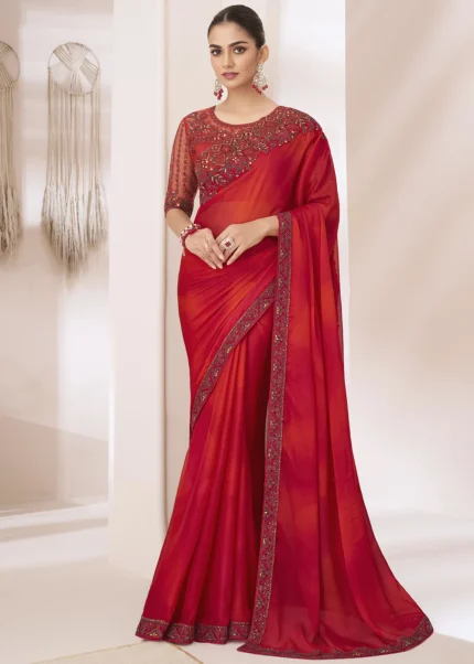 Scarlet Red Embroidered Chiffon Saree