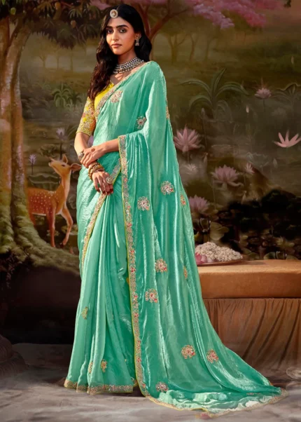 Sea Green Embroidered Organza Saree