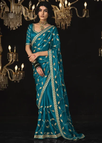 Teal Blue Embroidered Tissue Silk Saree