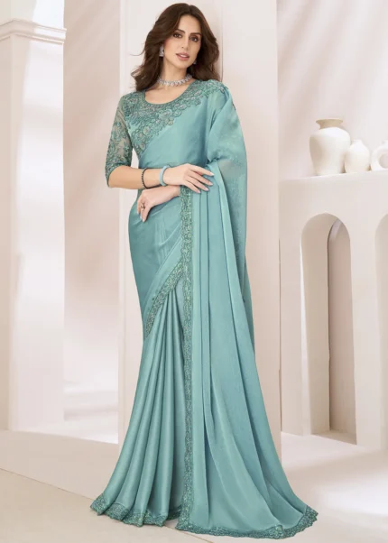 Turquoise Embroidered Georgette Saree