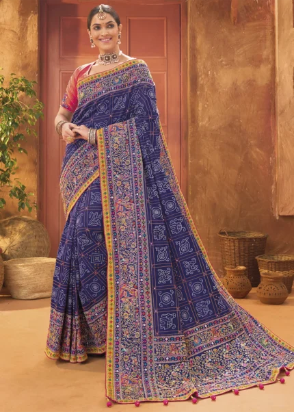 Violet Embroidered Saree with Kacchi Work