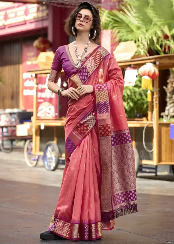 Watermelon Pink Banarasi Silk Saree