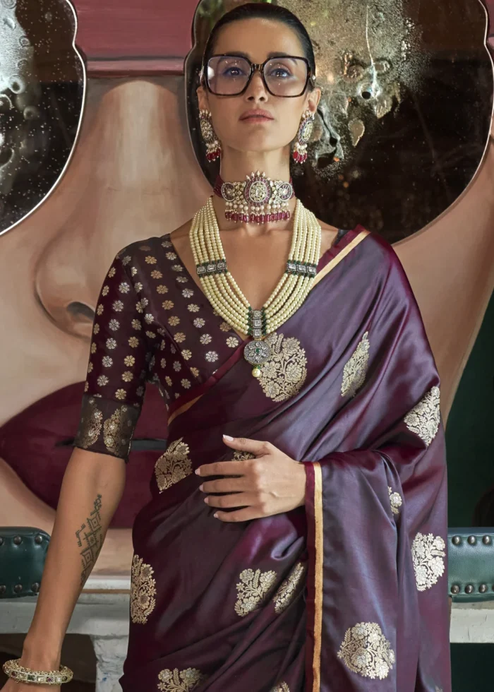 Wine Banarasi Satin Saree with Brocade Blouse