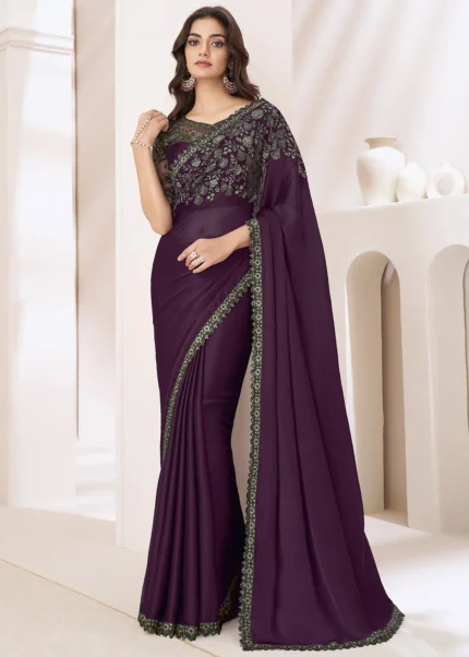 Wine Embroidered Chiffon Saree