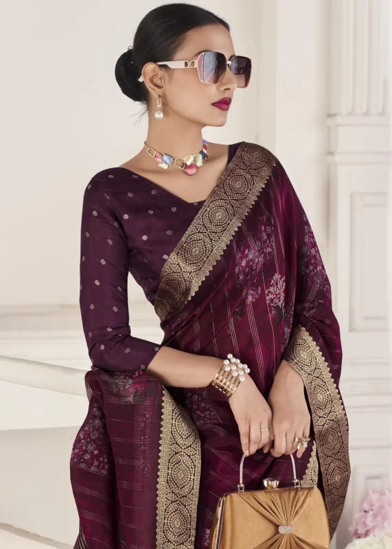 Wine Printed Silk Saree