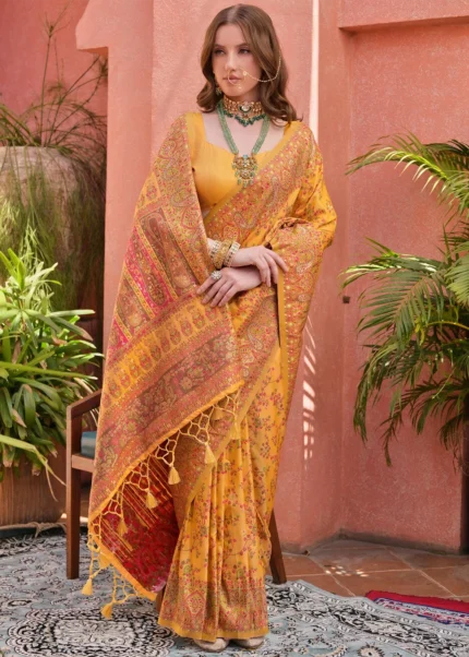 Yellow Kashmiri Jamawar Pashmina Saree