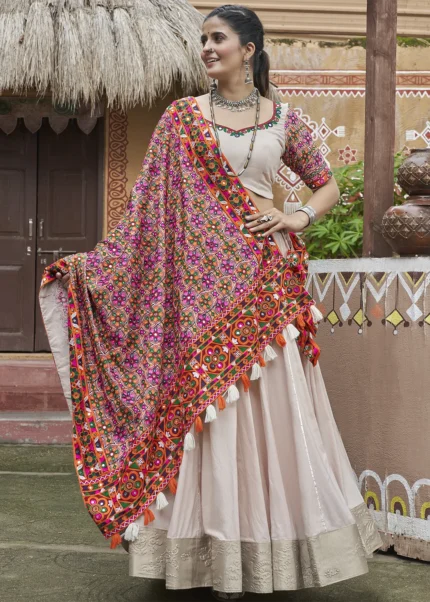 Beige Lehenga Choli with Mirror Work