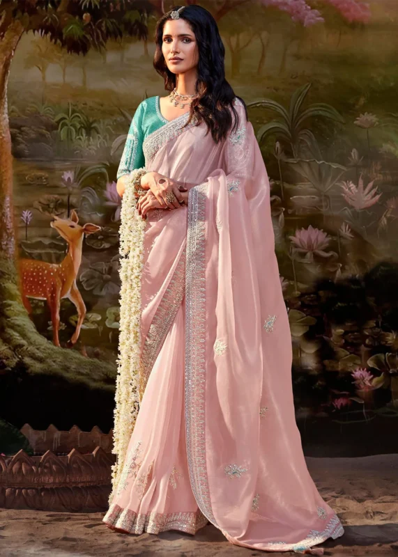 Blush Pink Embroidered Organza Saree with Green Blouse