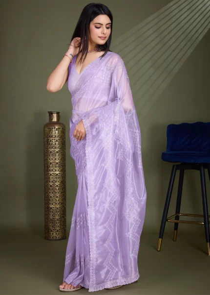 Lavender Embroidered Net Scalloped Saree